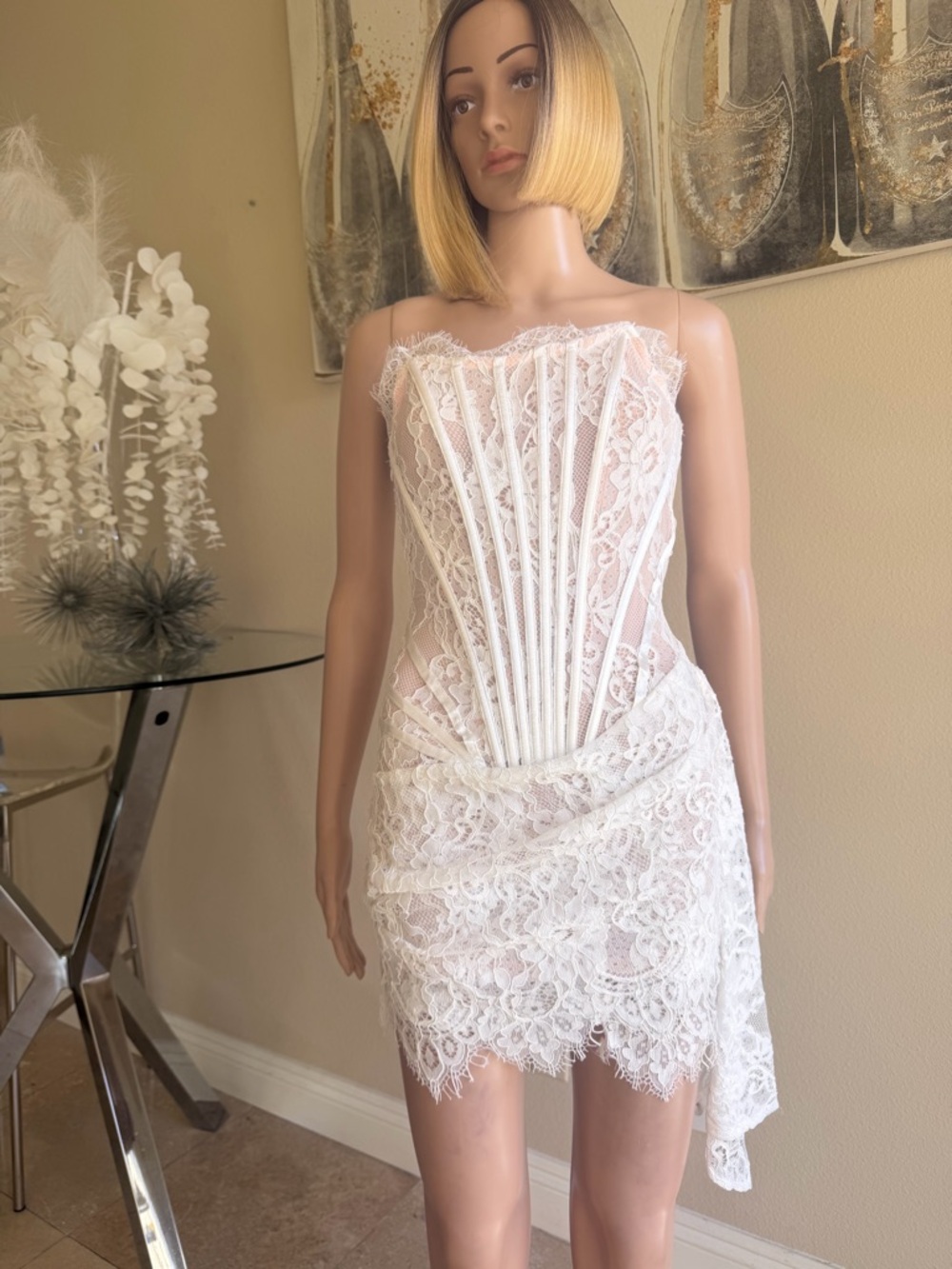 White Lace Strapless Corset Dress
